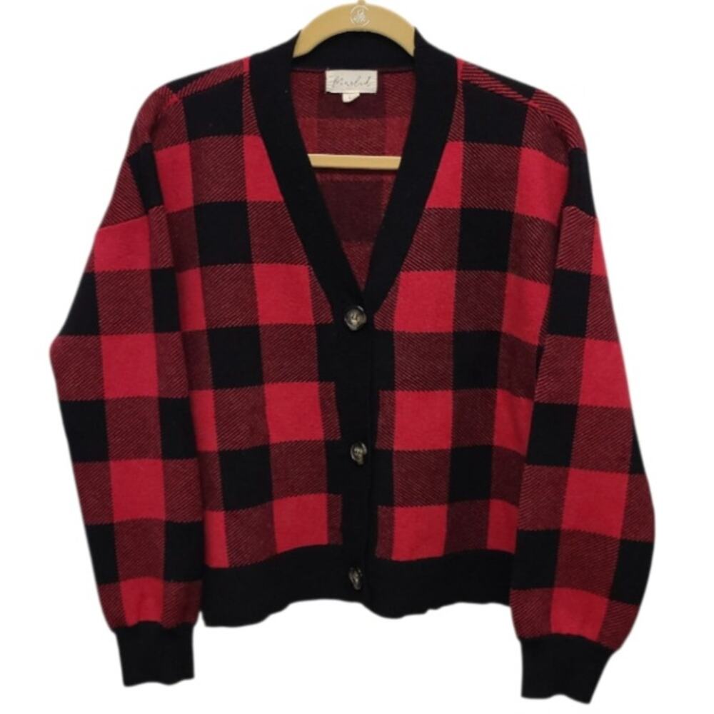 Marled Buffalo Plaid Red Black V-Neck Knit Cardigan Sweater Cropped L Christmas